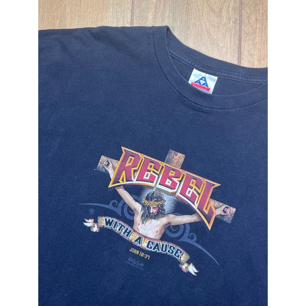 Vintage Kerusso Rebel With A Cause Jesus Christian T-Shirt Black AAA XL 2003‎